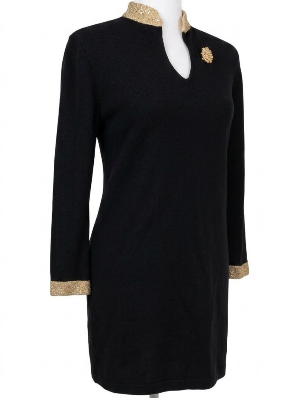St John Evening - Black Long-Sleeve Shift Dress with Gold Trim